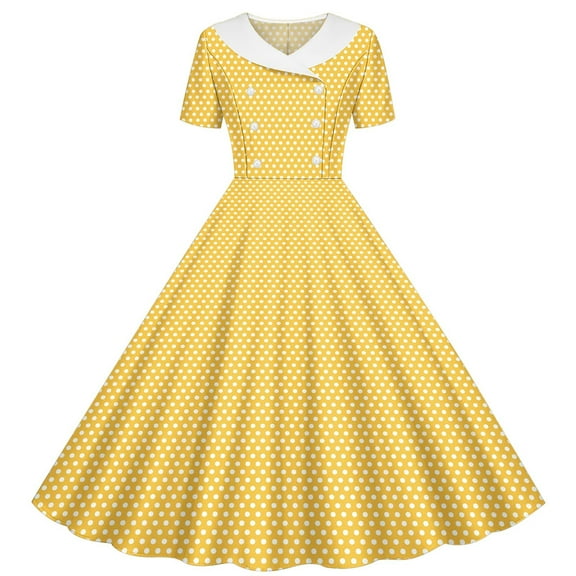 TGSLY Kids Girls Double Breasted Notch Lapel 50s Vintage Short Sleeve Polka Dot Cocktail Swing Dress Polka Dot 1950s Rockabilly Prom Midi Dress Yellow 7-8 Years