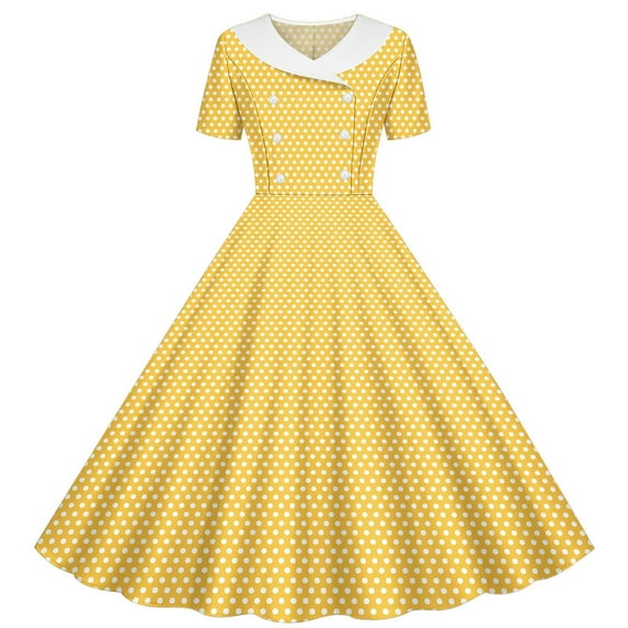 TGSLY Kids Girls Double Breasted Notch Lapel 50s Vintage Short Sleeve Polka Dot Cocktail Swing Dress Polka Dot 1950s Rockabilly Prom Midi Dress Yellow 7-8 Years