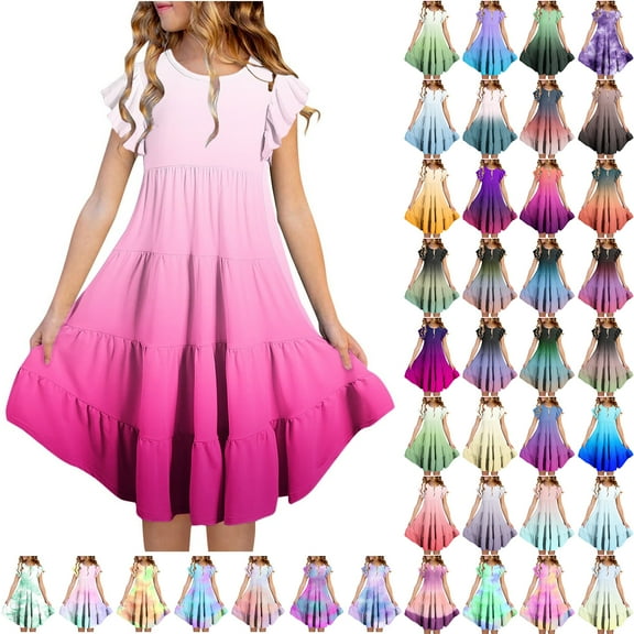 TGSLY Kids Girls Summer Dresses Tie Dye Printed Double Layer Flutter Sleeve Flowy A-Line Sundress Loose Comfy Ruched Pelated Casual Gradient Color Tiered Midi Dresses Green#03 6-7 Years