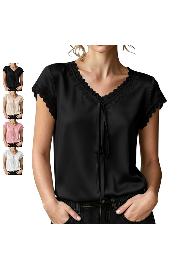 Lace Trim Satin Tops for Women Smooth Soft V Neck Bow Tie Front Shirts Loose Dressy Casual Solid Color Cap Sleeve Blouses S
