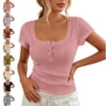 thumbnail image 1 of TGSLY Lace Trim Square Neck Tops for Women Lightweight Half Button Placket Solid Color Blouses Slim Fitted Dressy Casual Short Sleeve T-Shirts L, 1 of 7