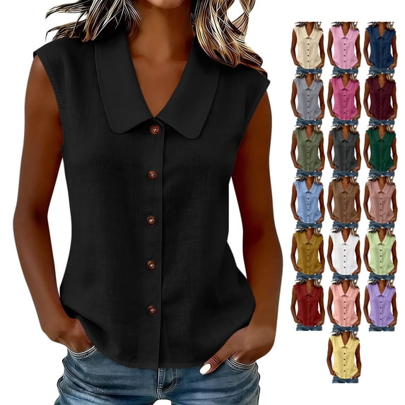 TGSLY Linen Collared Tank Tops for Women Lightweight Soft V Neck Button Down Sleeveless Shirts Loose Fit Dressy Casual Solid Color Tunic Blouses M