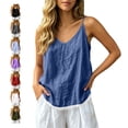thumbnail image 1 of TGSLY Linen V Neck Cami Tops for Women Lightweight Soft Lace Trim Hem Solid Color Sleeveless Blouse Loose Fit Dressy Adjustable Spaghetti Straps Tank M, 1 of 8
