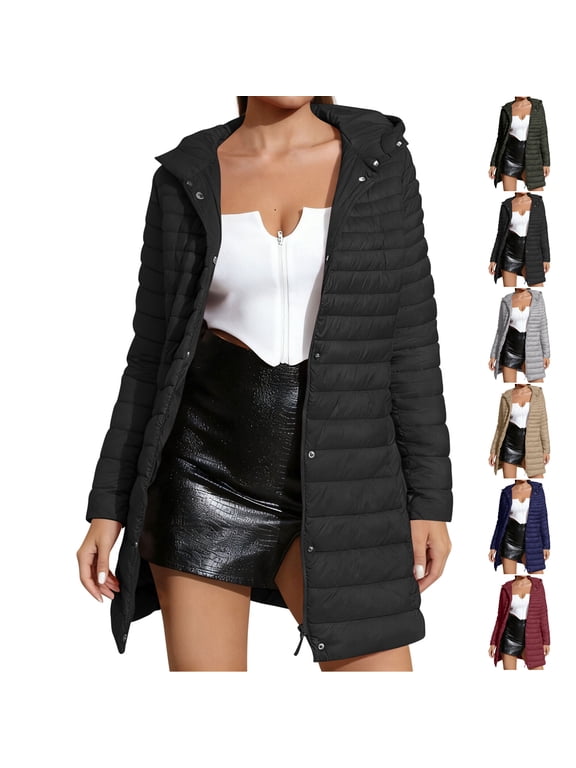 Long Hooded Puffer Coat for Women Dressy Zip Up Snap Button Down Ultra Light Down Jacket Casual Long Sleeve Solid Color Outwear with Pockets M