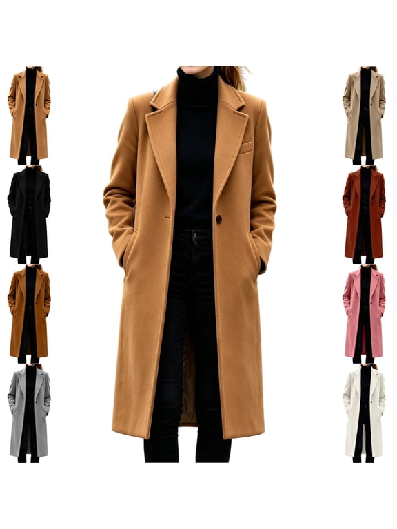 Long Wool Blend Coat for Women Dressy Notched Lapel Single Breasted Button Cardigan Jacket Loose Solid Color Long Sleeve Fall Winter Outerwear M