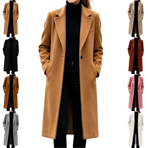 TGSLY Long Wool Blend Coat for Women Dressy Notched Lapel Single Breasted Button Cardigan Jacket Loose Solid Color Long Sleeve Fall Winter Outerwear XXL