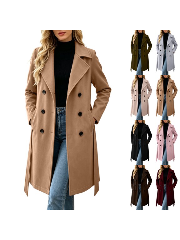 Long Wool Blend Overcoat for Women Casual Notched Lapel Double Breasted Button Jacket Loose Long Sleeve Waist Belted Fall Winter Outerwear S