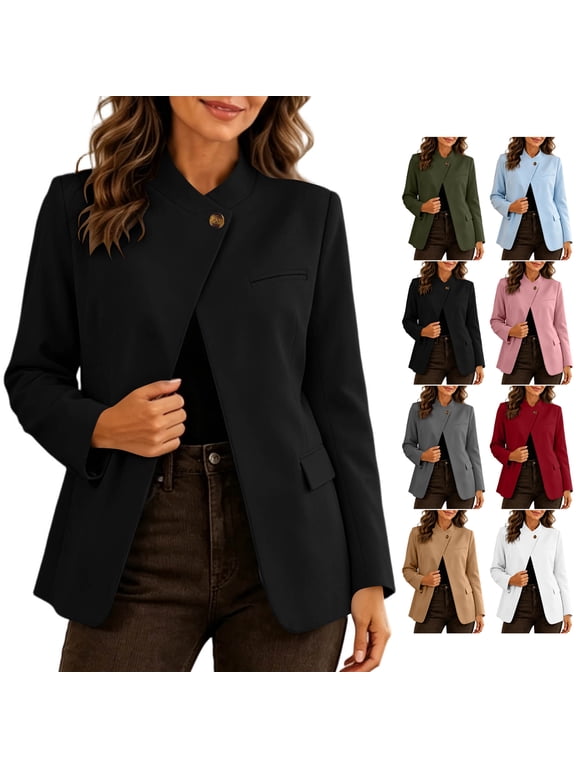 Mandarin Collar Blazer for Women Lightweight Asymmetric Single Breasted Button Long Sleeve Jacket Dressy Casual Solid Color Office Suit Coat S