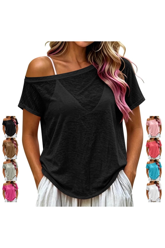 Off The Shoulder Tops for Women Breathable Soft Asymmetrical Neck Solid Color Blouses Relaxed Fit Dressy Casual Short Sleeve Summer Shirt L