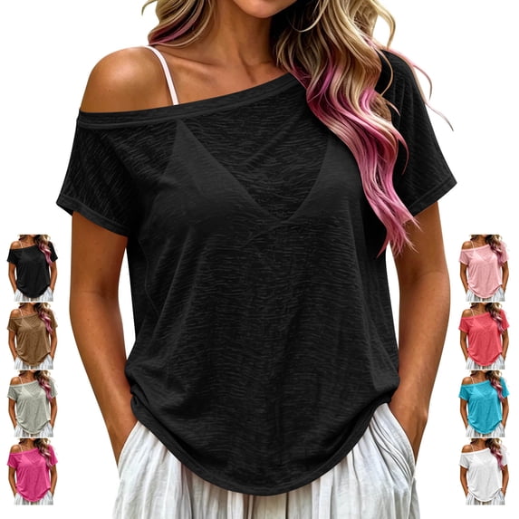 TGSLY Off The Shoulder Tops for Women Breathable Soft Asymmetrical Neck Solid Color Blouses Relaxed Fit Dressy Casual Short Sleeve Summer Shirt M