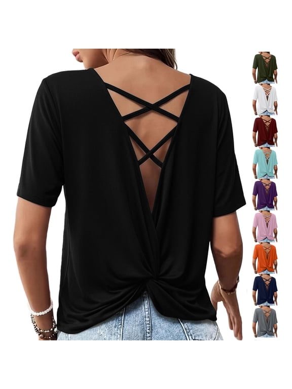 Open Back Tops for Women Back Twist Criss Cross Short Sleeve Tshirts Loose Fit Casual Solid Color Crew Neck Blouses S