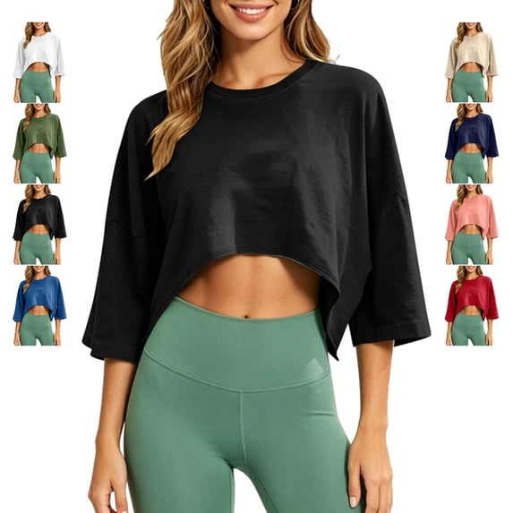 TGSLY Oversized Crop Tops for Women Soft Breathable Crew Neck Solid Color Basic T-Shirts Loose Fit Dressy High-Low Hem 3/4 Dolman Sleeve Blouses L