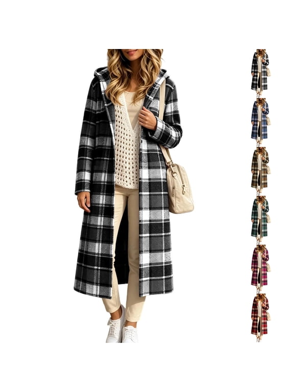 Plaid Hooded Duster Coat for Women Warm Soft Button Down Long Sleeve Cardigan Jacket Loose Casual Fall Winter Layering Outerwear S