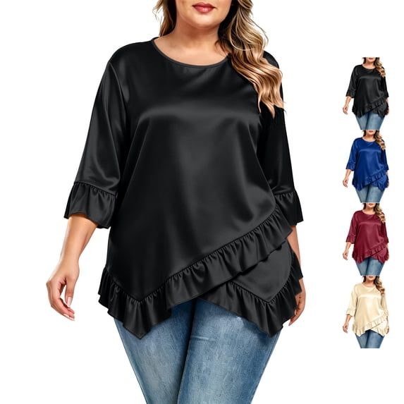 TGSLY Plus Size Satin Tops for Women Soft Casual Crew Neck 3/4 Flounce Sleeve Shirts Loose Flowy Fit Asymmetrical Tiered Ruffle Hem Solid Color Blouses S