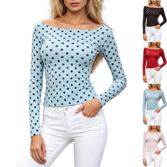 TGSLY Polka Dot Tops for Women Lightweight Soft Boat Neck Long Sleeve Y2K T-Shirts Slim Fit Dressy Casual Fall Going Out Blouses S