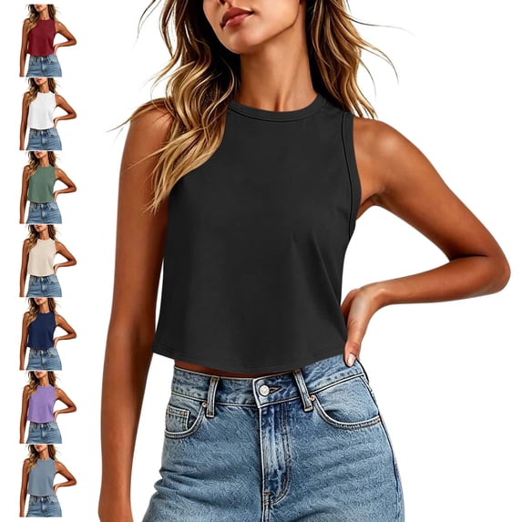 TGSLY Racerback Cropped Tank Tops for Women Lightweight Soft Crew Neck Sleeveless Shirts Dressy Casual Solid Color Running Yoga Active Vest M