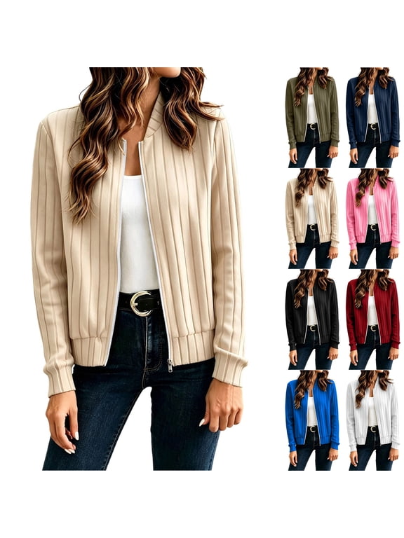 Ribbed Knit Sweater Jacket for Women Lightweight Soft Full Zip Up Solid Color Coat Relaxed Casual Long Sleeve Jackets M
