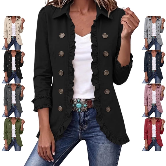 TGSLY Ruffle Trim Cardigan Jacket for Women Lightweight Collared Long Sleeve Decoration Double Breasted Coat Dressy Casual Solid Color Fall Outerwear XL