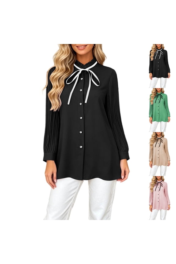 Ruffled Mock Neck Tops for Women Lightweight Thin Self Tie Bow Pleated Long Sleeve Tunic Blouses Dressy Casual Button Down Solid Color Office Shirts L