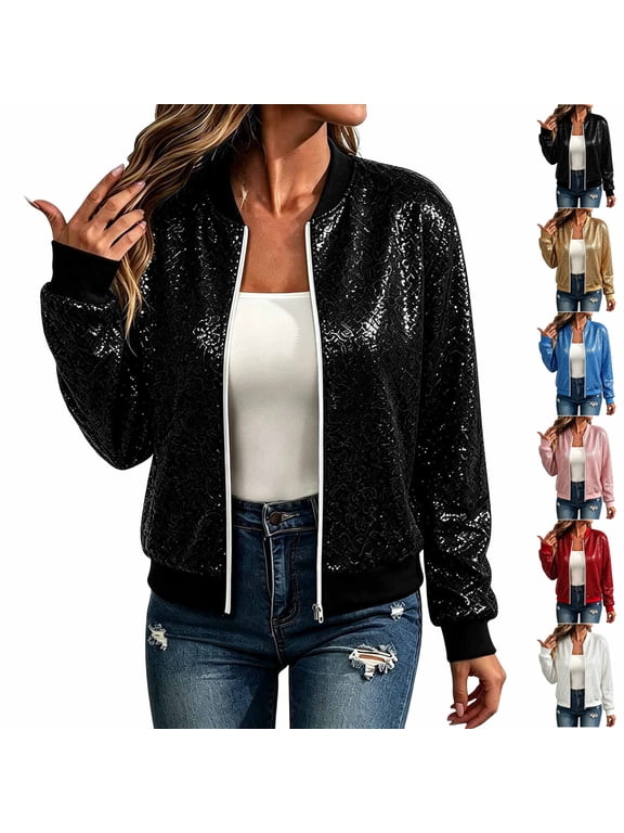 Sequin Bomber Jacket for Women Lightweight Zip Up Long Sleeve Cardigan Coat Loose Casual Solid Color Lined Fall Fashion Outerwear S