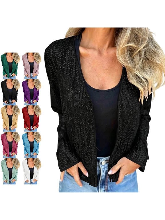 Sequin Cardigan Coat for Women Dressy Long Sleeve Lined Open Front Jacket Relaxed Fit Casual Solid Color Elegant Crop Outerwear L
