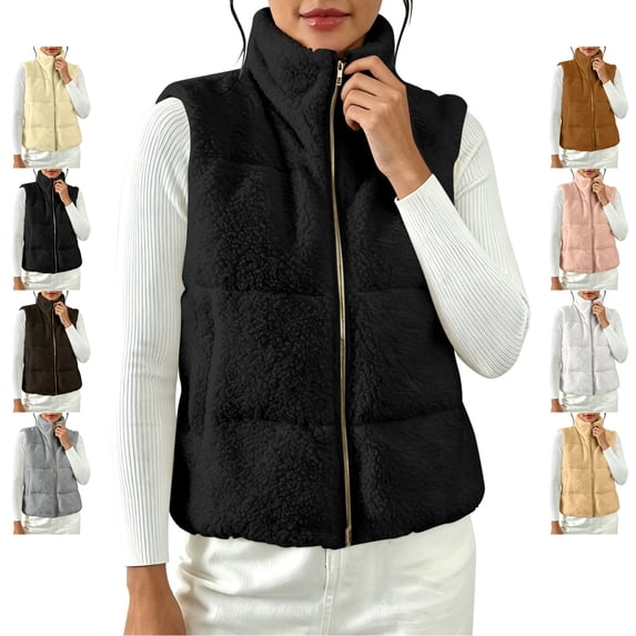 TGSLY Sherpa Fleece Vest Jacket for Women Warm Soft Stand Collar Zip Up Solid Color Coat Loose Casual Sleeveless Fall Winter Gilet with Pockets S