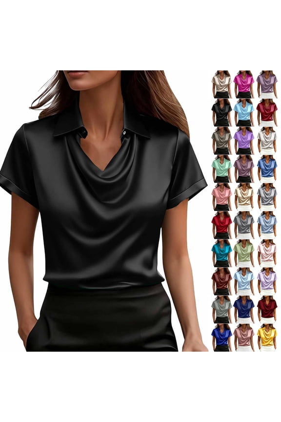 Silk Satin Collared Tops for Women Lightweight Soft Cowl Neck Short Sleeve Shirts Dressy Casual Solid Color Tunic Blouses S