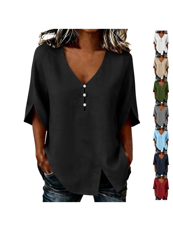 Slit Cuff 3/4 Sleeve Linen Tops for Women Dressy Casual V Neck Half Pearl Buttons Solid Color Blouse Relaxed Fit Curved Slit Hem Tshirts L