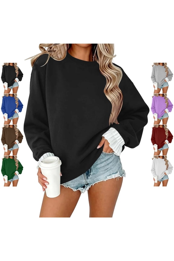 Spliced Ruffle Cuff Sweatshirt for Women Lightweight Crew Neck Long Sleeve Layering Tops Loose Casual Solid Color Fall Pullovers M