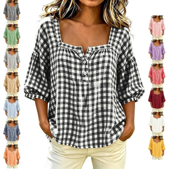 TGSLY Square Neck Gingham Tops for Women Lightweight Soft Half Button Down Blouses Loose Fit Dressy Casual Puff 3/4 Sleeve Shirts M