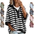 thumbnail image 1 of TGSLY Striped Hooded Sweater for Women Lightweight Henley Half Button Down Knit Tops Loose Casual 3/4 Batwing Sleeve Fall Winter Pullovers S, 1 of 8