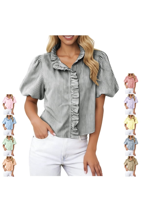 Striped Puff Short Sleeve Tops for Women V Neck Ruffle Collar Shirts Cropped Relaxed Fit Casual Office Front Ruffle Blouses S