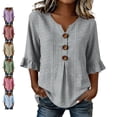 thumbnail image 1 of TGSLY Striped Ruffle 3/4 Sleeves Tops for Women Notch V Neck Flared Shirts Relaxed Fit Dressy Casual Decorative Buttons Curved Hem Blouses XL, 1 of 8
