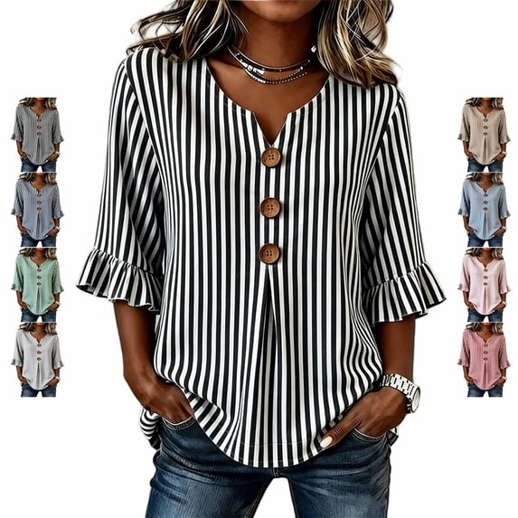 TGSLY Striped Tops for Women Trendy Casual Notched V Neck 3/4 Ruffle Sleeve Blouses Relaxed Fit Dressy Decorative Buttons Shirts S