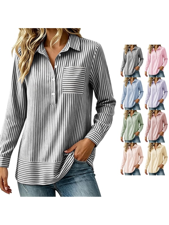 Striped Tunic Tops for Women Lightweight Collared Half Button Down Blouses Loose Casual Long Sleeve Fall Layering Pullovers with Chest Pocket S