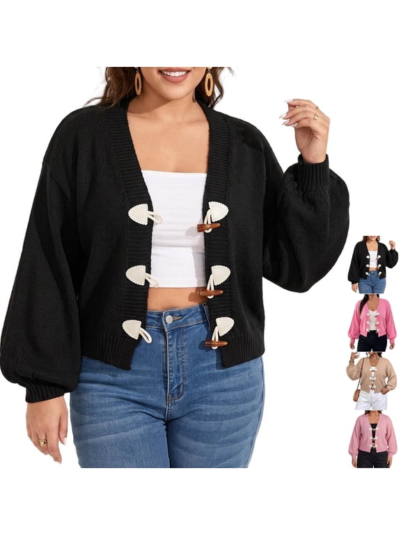 Toggle Button Knit Cardigan for Women Soft V Neck Long Sleeve Cropped Tops Loose Casual Solid Color Fall Winter Sweater Coat L