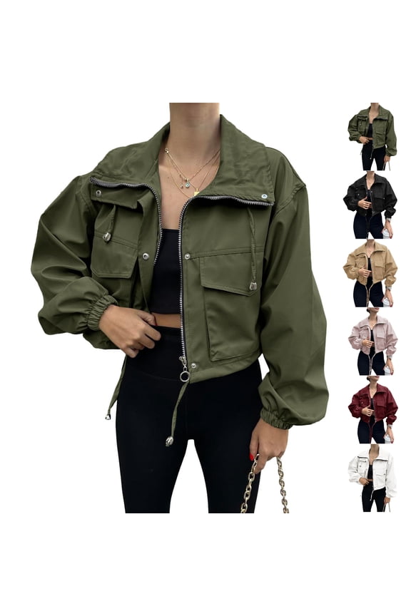 Utility Anorak Cropped Jacket for Women Lightweight Zip Up Long Sleeve Coat Oversized Adjustable Drawstring Hem Solid Color Jacket with Pockets S