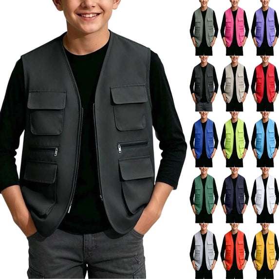 TGSLY Utility Cargo Vest for Children Lightweight Zip Up Sleeveless Layering Gilet Loose Casual Solid Color Fall Winter Outdoor Waistcoat 5-6 Years