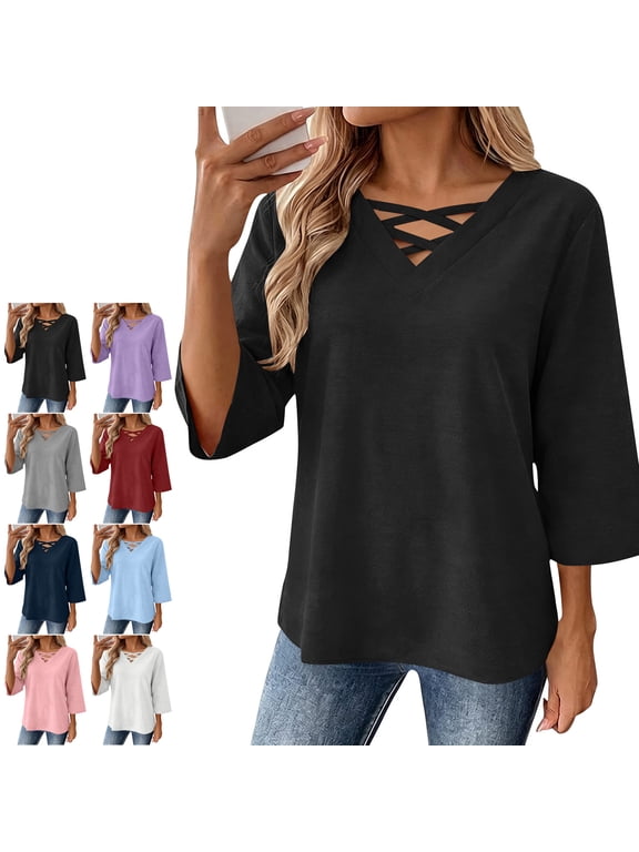 V Neck Criss Cross Tops for Women Lightweight Soft 3/4 Sleeve Solid Color Shirts Relaxed Casual Trendy Early Fall Blouses S