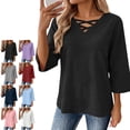 thumbnail image 1 of TGSLY V Neck Criss Cross Tops for Women Lightweight Soft 3/4 Sleeve Solid Color Shirts Relaxed Casual Trendy Early Fall Blouses XL, 1 of 7