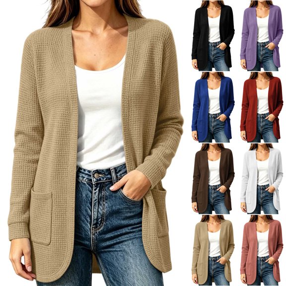 TGSLY Waffle Cardigan Coat for Women Lightweight Long Sleeve Solid Color Tops Relaxed Casual Fall Fation Outerwear with Pockets S