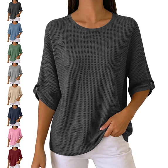 TGSLY Waffle Knit Tops for Women Lightweight Soft Crew Neck Adjustable Tab Roll-Up 3/4 Sleeve Shirts Relaxed Casual Solid Color Blouses XXL