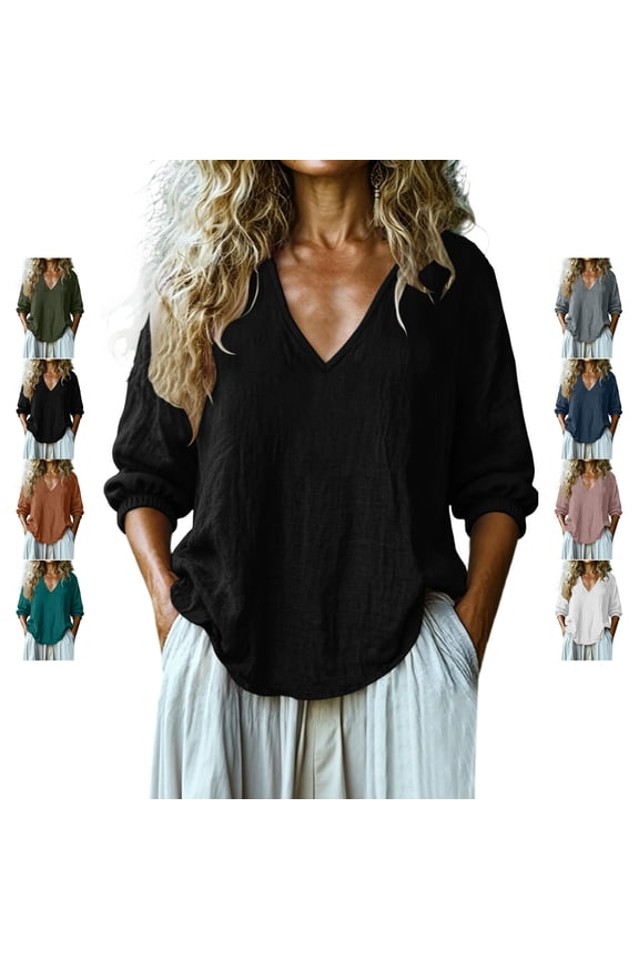Women's 3/4 Balloon Sleeve Tops Lightweight Soft V Neck Crinkle Cotton Shirts with Elastic Cuffs Loose Fit Dressy Casual Solid Color Blouses XL