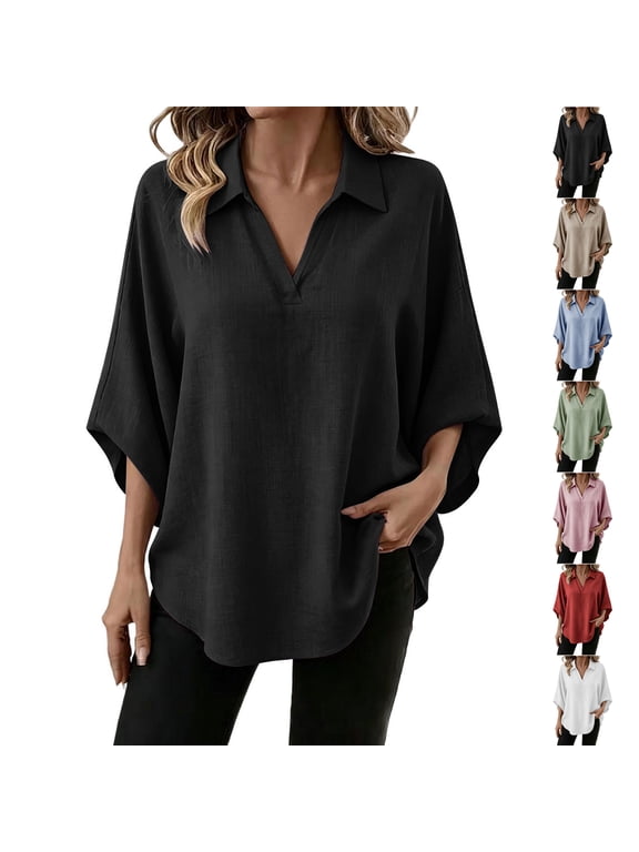 Women's 3/4 Dolman Sleeve Tops Lightweight Thin Casual Collared V Neck Blouses Oversized Casual Curved Hem Solid Color Shirts XXL