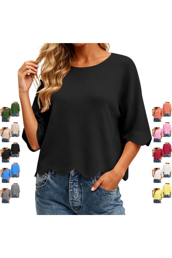 Women's 3/4 Flared Sleeve Tops Lightweight Soft Crew Neck Solid Color Blouses Loose Dressy Casual Scalloped Wave Hem Shirts XXL
