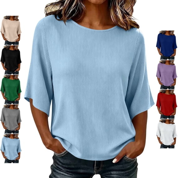 TGSLY Women's 3/4 Sleeve Ribbed Tops Lightweight Soft Crew Neck Trendy Blouses Loose Fit Dressy Casual Solid Color Fall Shirts L