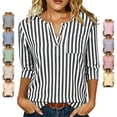 thumbnail image 1 of TGSLY Women's 3/4 Sleeve Striped Tops Lightweight Soft V Neck Half Button Down T-Shirts Relaxed Dressy Casual Early Fall Fashion Tunic Blouses M, 1 of 9