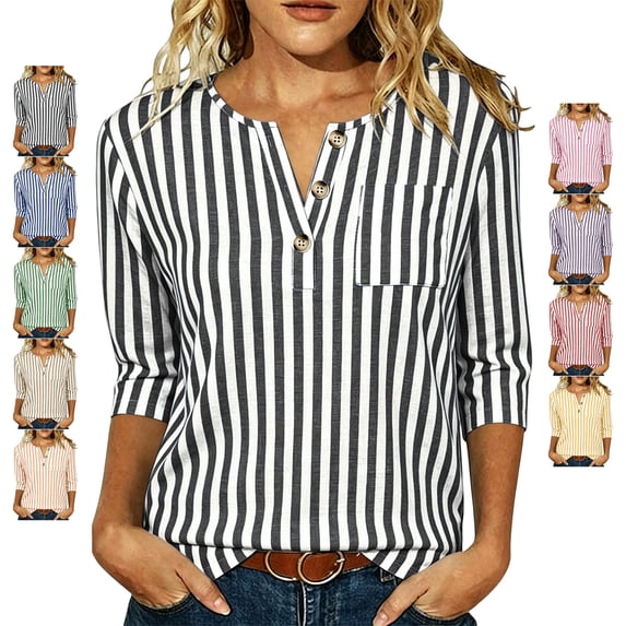 TGSLY Women's 3/4 Sleeve Striped Tops Lightweight Soft V Neck Half Button Down T-Shirts Relaxed Dressy Casual Early Fall Fashion Tunic Blouses M