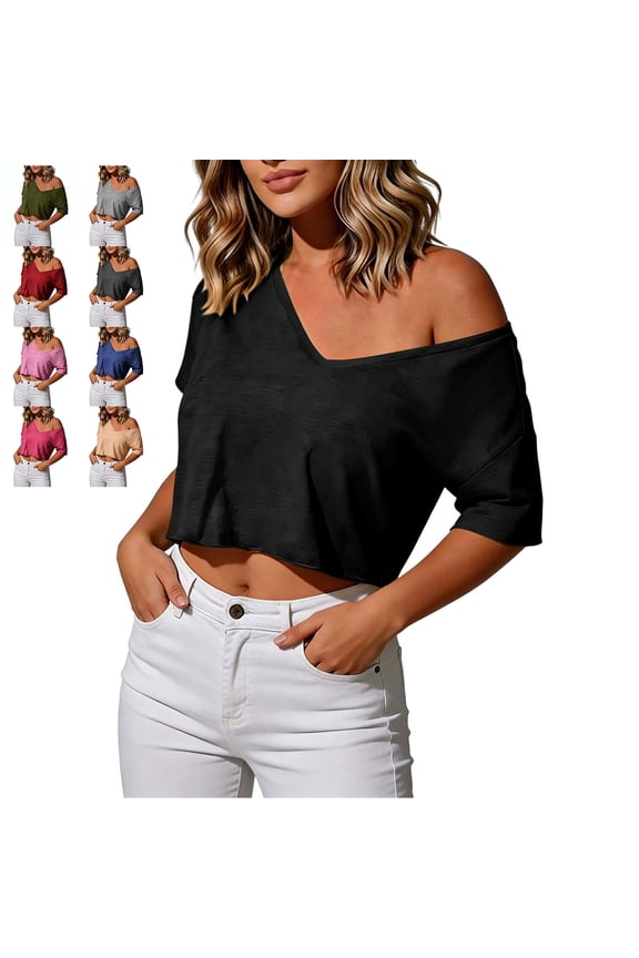 Women's Asymmetrical Off Shoulder Crop Tops Soft Casual Deep V Neck Half Short Sleeve Tshirts Loose Fit Solid Color Basic Tees XXL