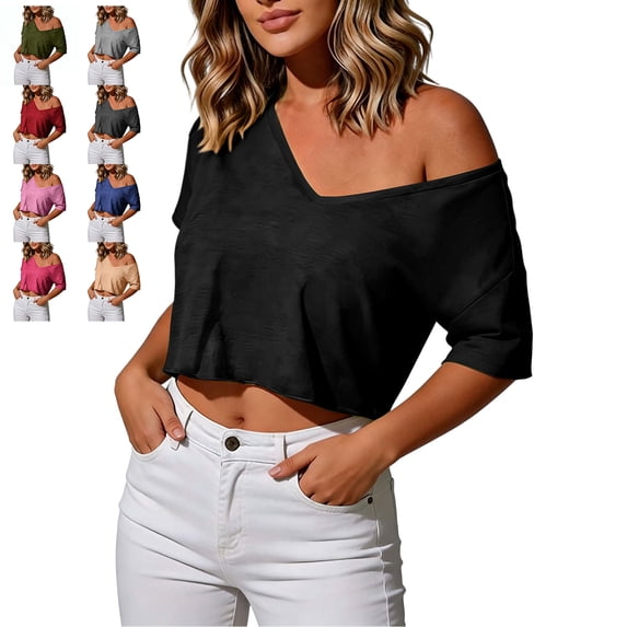 TGSLY Women's Asymmetrical Off Shoulder Crop Tops Soft Casual Deep V Neck Half Short Sleeve Tshirts Loose Fit Solid Color Basic Tees XXXL